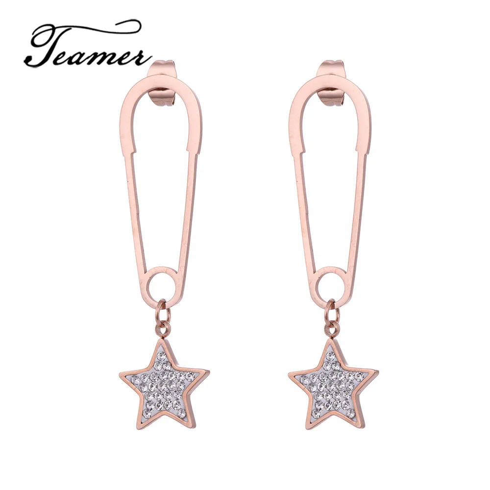 

Teamer Cute Gold Star Drop Earrings for Girl Personality Pentagram CZ Crystal Fashion Jewelry Stainless Steel Earrings Best Gift