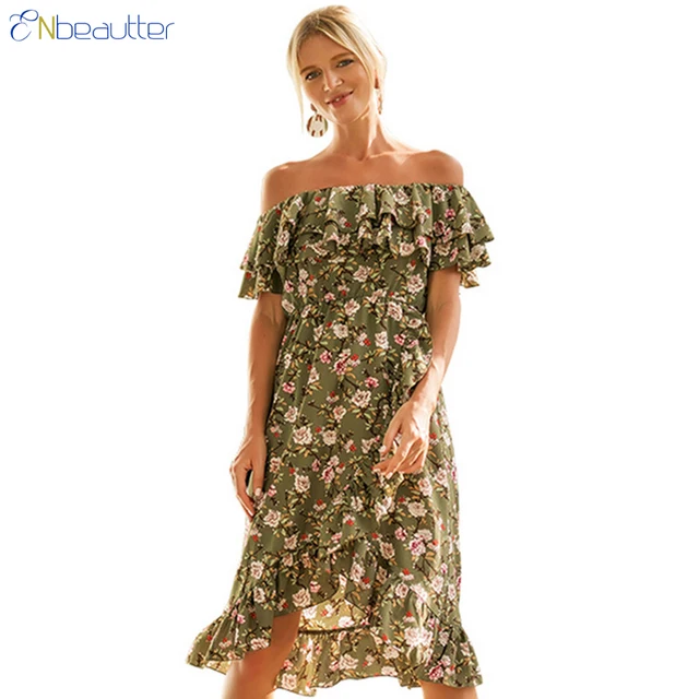 Enbeautter Ruffles Flower Printed Beach Dress Women Summer