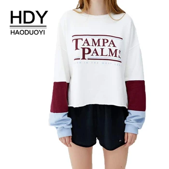 

HDY Haoduoyi Women Leisure Hoodies Street Loose Contrast Color Stitching Letter Printed Round Neck Fashion Hoodies Hot Wholesale