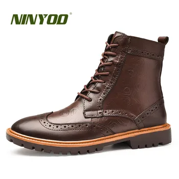 

NINYOO New Fashion Winter Boots Mens Genuine Leather Brogue Boots Waterproof Martin Boots With Fur Ankle Snow Boots Plus Size 47