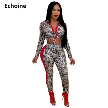 

Woman Snake Skin Print 2 Piece Set Crop Top and Pants Slim Sheath Pants Set Sexy Bodycon Two Piece Set Club Outfit Party Set