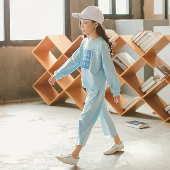 

Spring Girls Clothes Casual Letter Sweatshirt Sets With Fashion Wide Leg Pants 2pcs Suits 4-14 Years for 2018 New Kids Clothes
