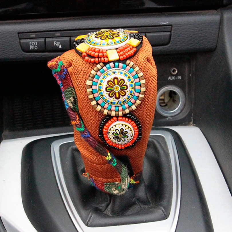 Retro-Beaded-Car-Interior-Accessories-Steering-Wheel-Cover-Handbrake-Gear-Shift-Covers-Set-Flax-Orange-6