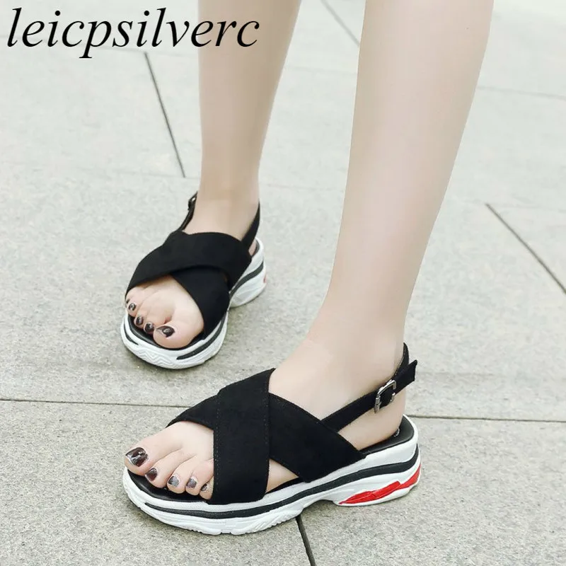 

Women's Sandals Med Heel Flock Peep Toe Buckle Flat Platform 2019 Summer New Sexy Fashion Sweet Concise Casual Pink Black Yellow