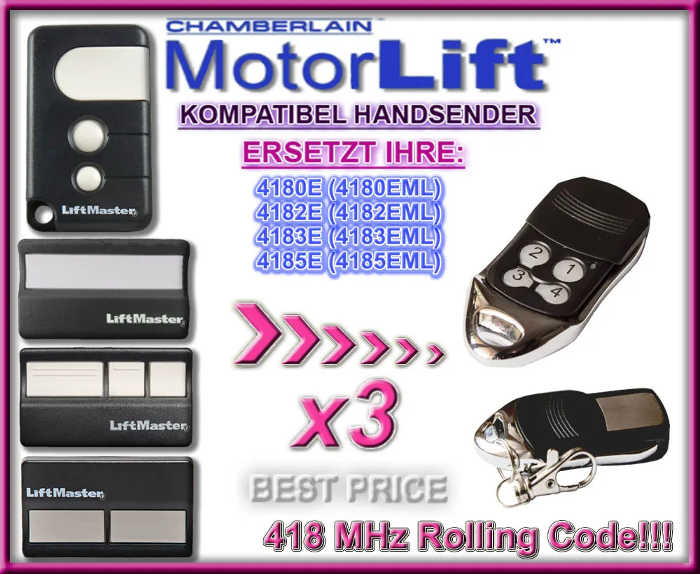 

3PCS For MotorLift 4180E/4182E/4183E/4185E Compatible Replacement Garage Door Remote Control Rolling Code 418MHZ