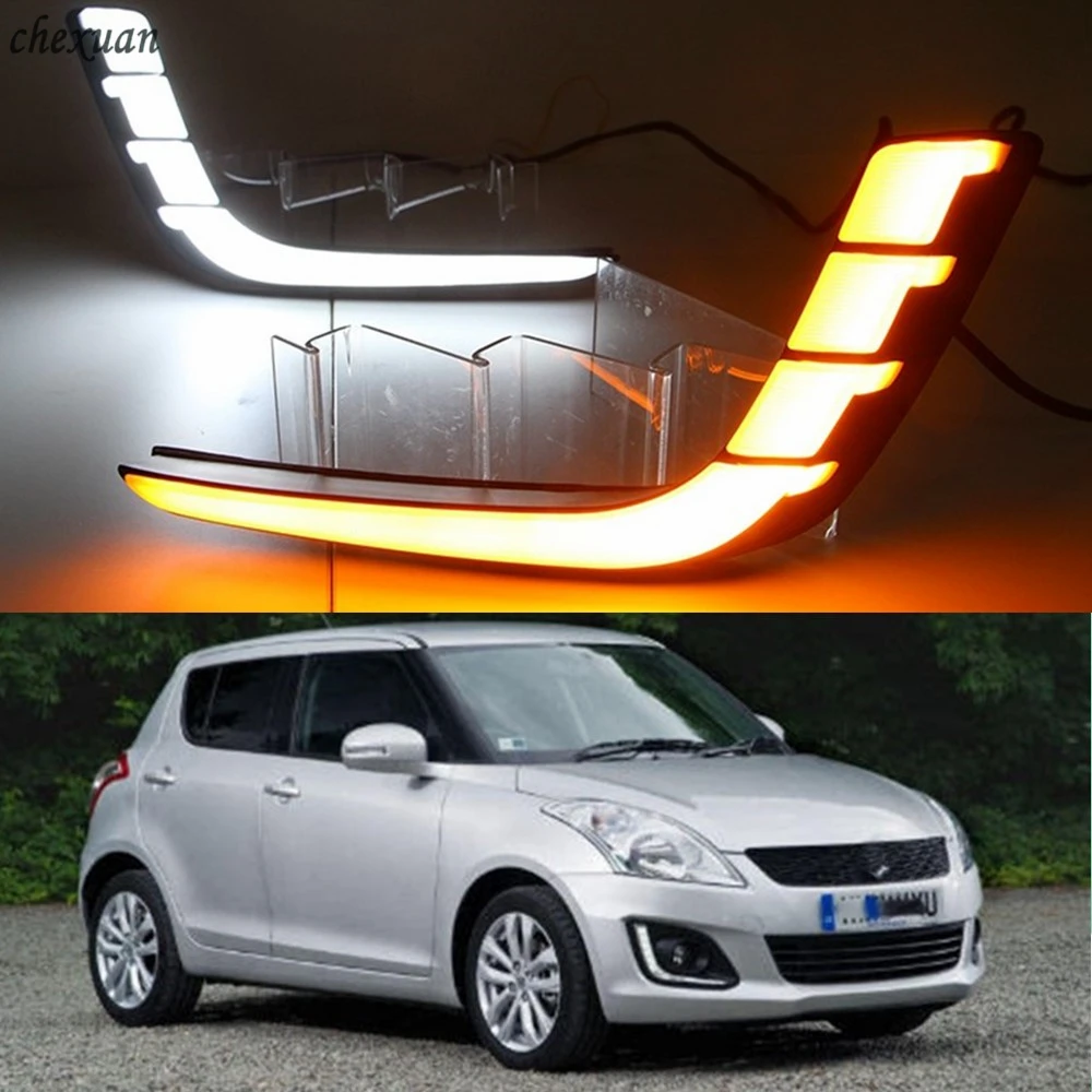 

CSCSNL 1 set LED DRL Daytime Running Lights ABS Fog Lamp Cover Light With Turn Yellow Signal For Suzuki Swift 2014 2015 2016