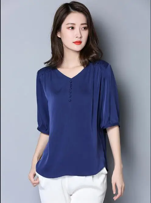 Women Silk blouse Summer Short sleeve Silk shirt-in Blouses & Shirts ...