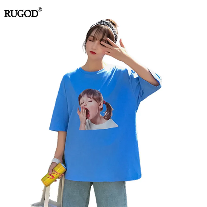 RUGOD/лето 2019 г. Корея для женщин О образным вырезом мультфильм печати короткий рукав свободные сладкий девушка элегантный дизайн повседнев