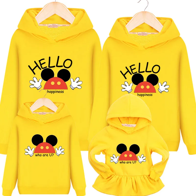 yellow Семья подходящая друг к другу одежда новая толстовка с капюшоном для мамы и дочки платье свитера Семья одежда выглядит Микки волна - Цвет: yellow