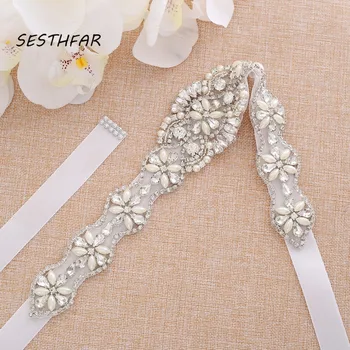 

Pearl Daimond Wedding Belt Crystal Flower Bridal Sash Silver Rhinestones Wedding Sash For Bridal Bridesmaid Dresses J189S