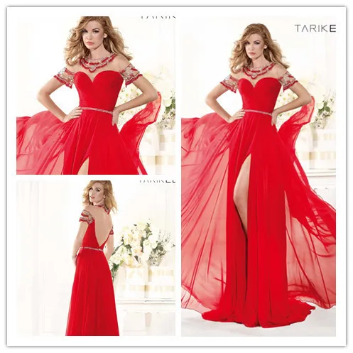 2014 Vestidos A-line High Collar Cap Sleeves Court Train Red Chiffon Beaded Long Party Elegant Evening Dresses Prom Gown | Свадьбы и