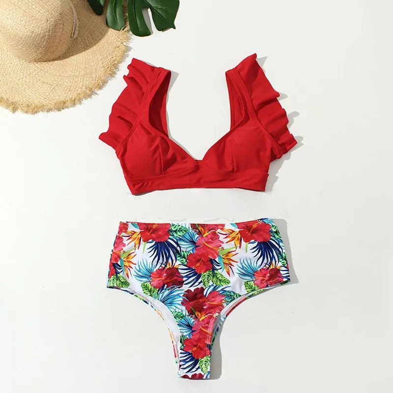 

Women Swimwear Bikini Ruffle High Waist Simple Solid Color Swimsuit Beach Swimming High Elasticity Fashion Print Halter Bikini