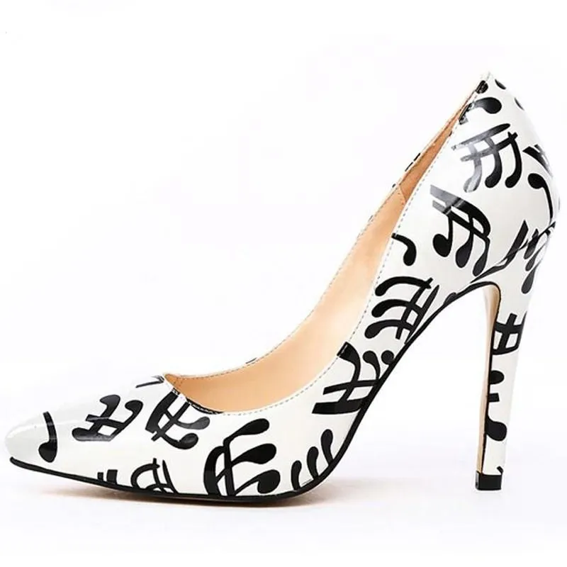 

Fashion Music Note Prints High Heels Pumps Classic Slip On Pointed Toe Stiletto Design Shoes Office Lady Dress Pumps Women Shoes
