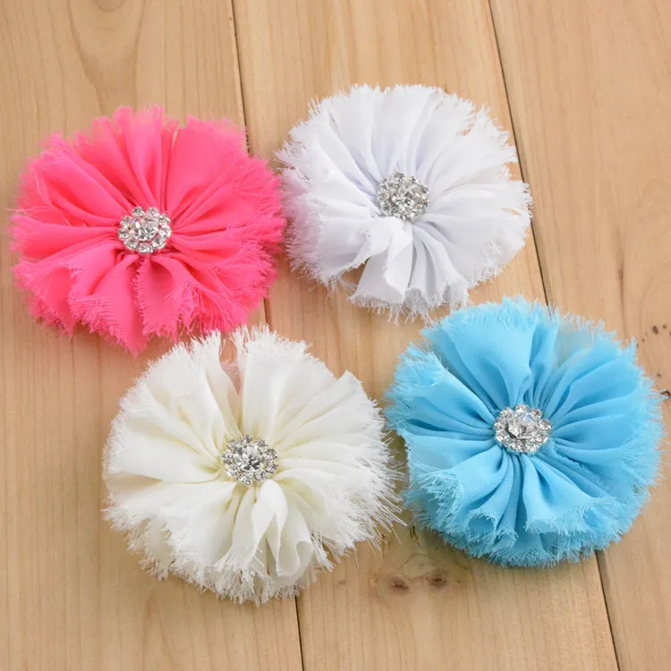 

5PCS Chiffon Flower With Crystal Rhinestone Button For Infant Toddler Hair Accessories Baby Headband Shabby Chic Hair Flowers