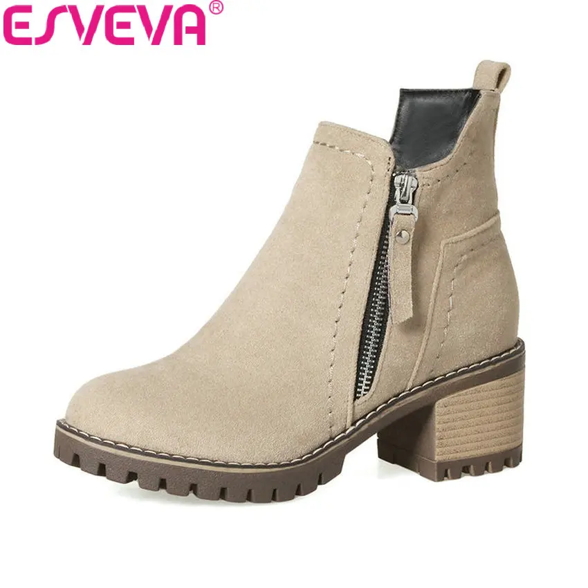 

ESVEVA 2018 Women Boots Western Style Platform 1.5cm Short Plush Ankle Boots Square High Heel Round Toe Ladies Boots Size 34-43