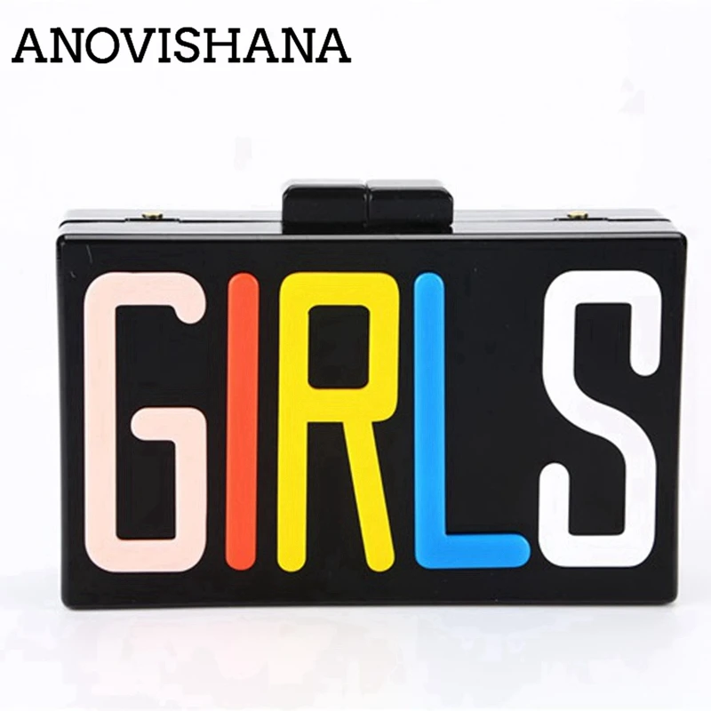 

ANOVISHANA Letters Black Acrylic Women Evening Clutch Bag Chain Shoulder Handbag Crossbody Hardcase Clutches Wedding Party Purse