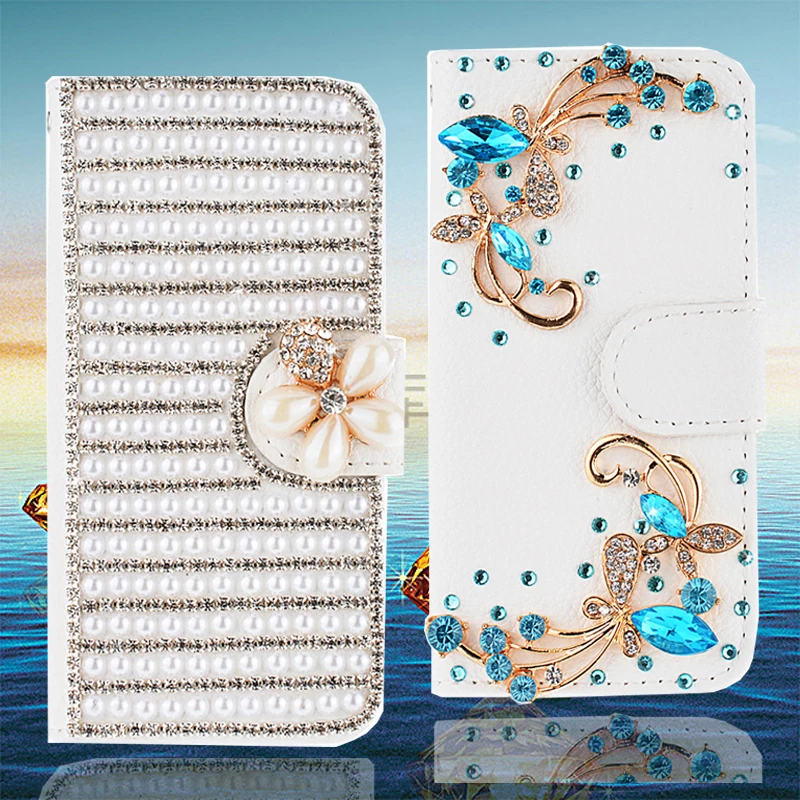 

Rhinestone Flip Cover Leather Case for Huawei P8 Lite Wallet Bag Bling Crystal Pearl Protective Shell for Huawei P8 White Black