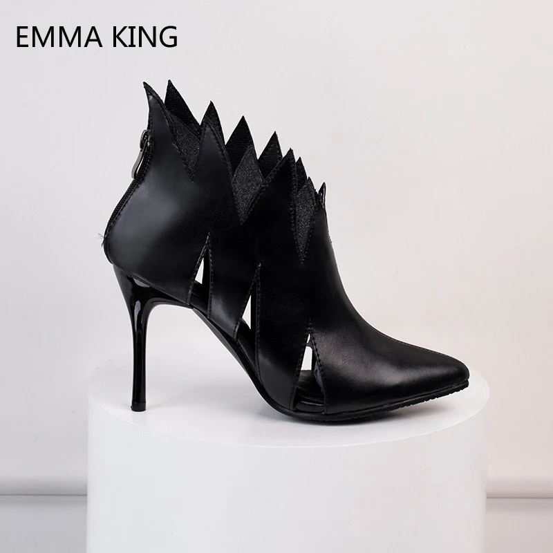 

2019 New Ladies Shoes Sexy Thin Heels Ankle Boots For Women Balck Pointed Toe Cut Out Designer Shoes Woman High Heels Booties