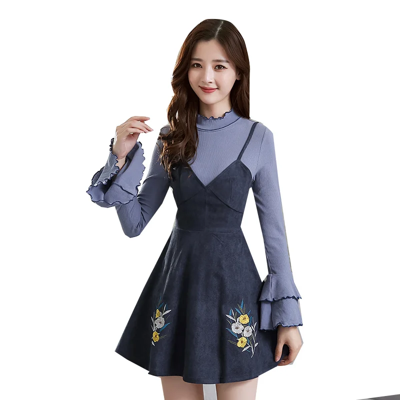 

new winter korean fashion girl party suits embroidered flower two-piece clothing set blouse and dress lady outfit suit costume