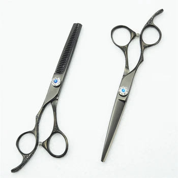 

2Pcs Left Hand 6 inch Customized Logo Black Professional Human Hair Scissors Hairdressing Scissors Cutting Shears + Thinning