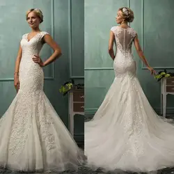 2016 Амелия Sposa V Шеи Cap Рукавом Русалка Свадебные Платья Кружева Тюль Аппликация Sheer Спинки Плюс Размер Свадебные Платья