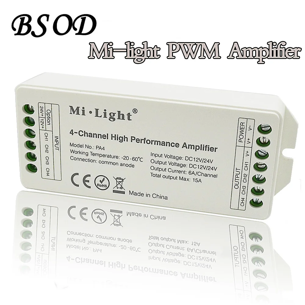 BSOD LED milight Усилители домашние 4 Каналы высокая производительность pa4 Вход Напряжение DC12V-24V Применение для RGB RGBW Светодиодные ленты
