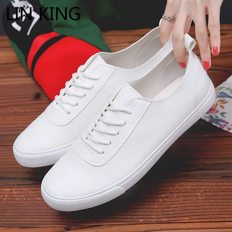 

LIN KING Fashion Couple Shoes Unisex Flat Leather Casual Shoes Lightweight Soft Loafers Moccasins Women And Men Lace Up Sneakers