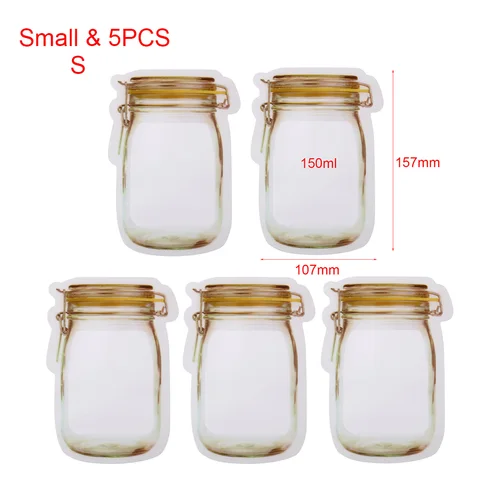 5Pcs/Lot Portable Mason Jar Shape Food Zipper Sealed Storage Bag Kitchen Travel Snack Candy Storage