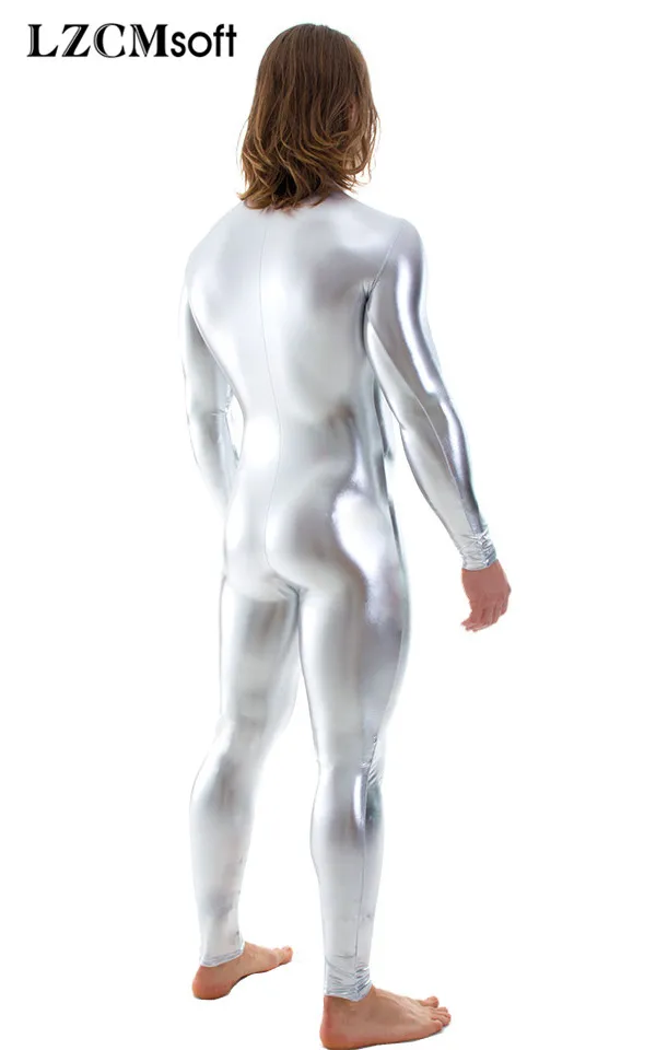 LZCMsoft мужские блестящие металлические Косплей Unitard полное тело зентай костюм основные сценические костюмы на молнии спереди Боди Колготки