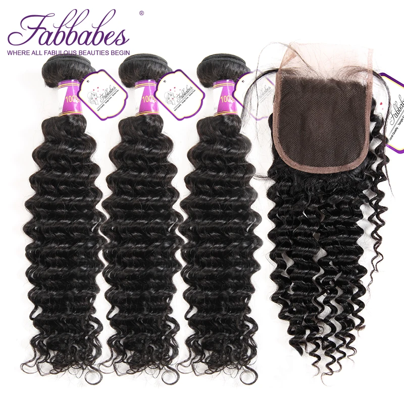 FABBABES Brazilian Deep Wave Human Hair 3 Bundles With Lace Closure 100% Remy with Middle and Free Part Two Option | Шиньоны и парики