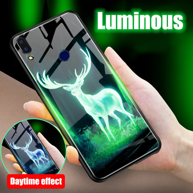 

Luminous Case For Xiaomi Redmi Note 7 9H Tempered Glass Cover Werewolf Meteor Flamingo Soft Edge Back Coque