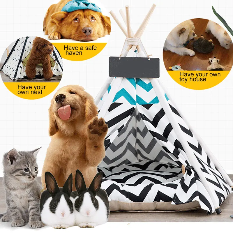 

Pets Teepee Dogs Cats Rabbits Bed Cotton Canvas Portable Striped Pet Tents Houses with Cushions DNJ998