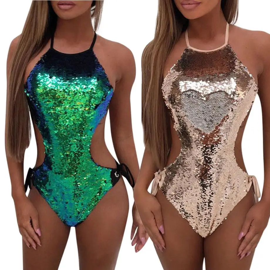 

Bling Sequined Swimwear 2018 Sexy One Piece Swimsuit Women Backless Women Halter Monokini Swimming Suit maillot de bain