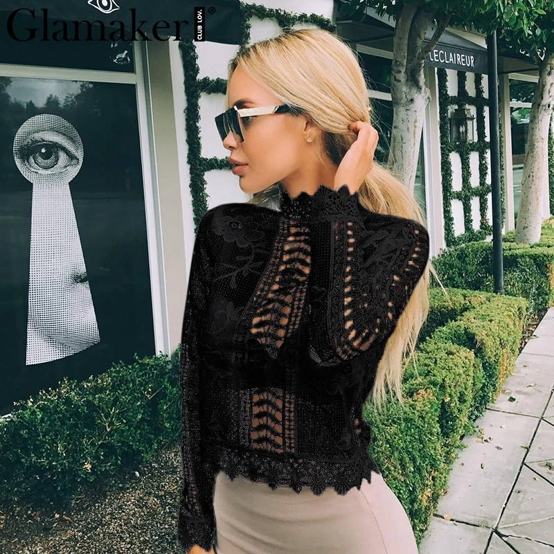 Glamaker sexy white lace blouse shirt Women tops elegant hollow out blouse Winter tops female blouse long sleeve blusas