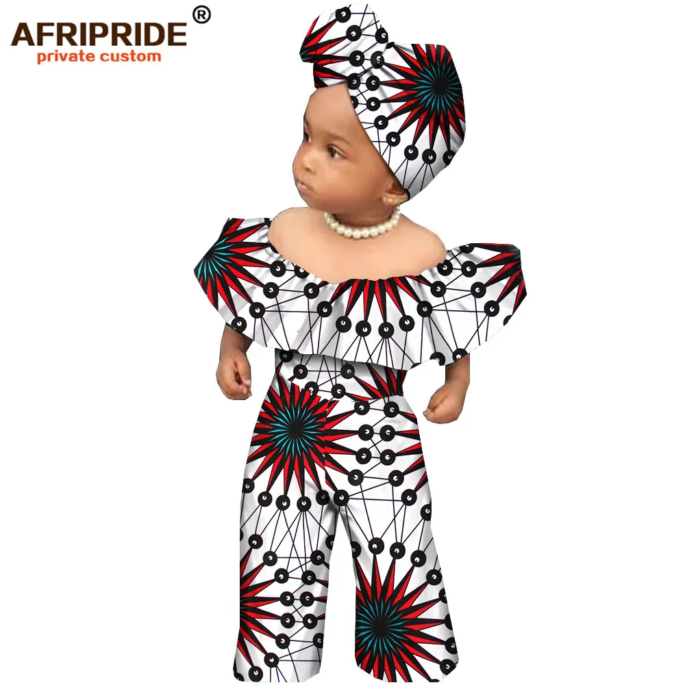 

2019 african play suits for kids AFRIPRIDE kids' customized slash neck full length play suits with head wrap A194003