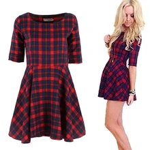 2016 New Women Red Plaid font b Dress b font Round Neck Summer Half Sleeve Fashion