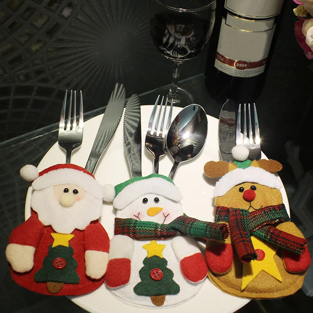 3pcs Christmas Santa Claus Knife Fork Bag Tableware Cutlery Holder for Christmas New Year Tableware Pocket Christmas Decor