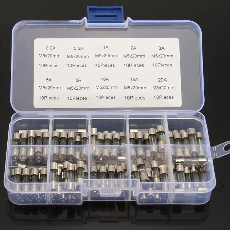 100 шт. 5x20 мм 0.2A-20A Быстрый Удар Стеклянная трубка Fuse Kit Fast-blow стекло Предохранители