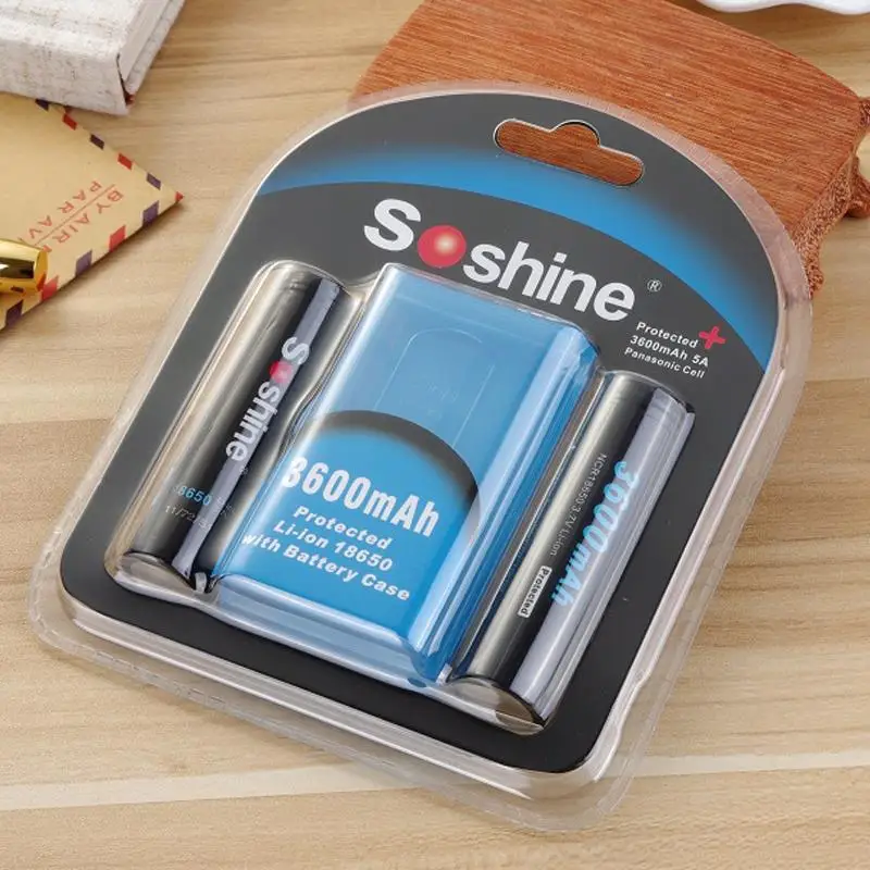 High Capacity Soshine 18650 3.7V 3600mAh Rechargeable Battery Protected High Discharge Li-ion Batteries w/ Battery box 2pcs/lot