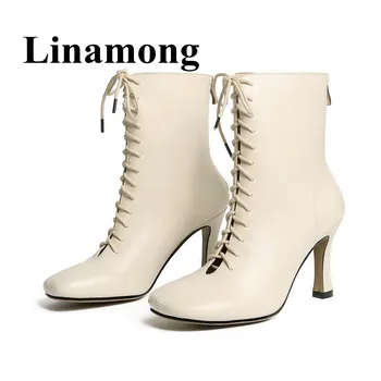 

2018 Winter Newest Simple Fashion Cross-Tied Square Toe High Heel Rear Zipper Two Color Short Boots Women Ankle Boots