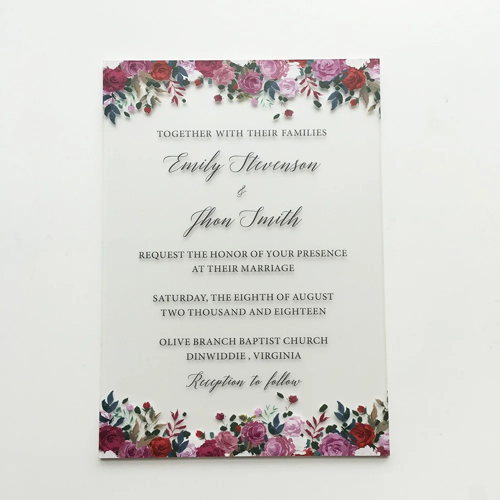  100 Pieces Per Lot Unique Floral Watercolor 5x7inch Frosted Acrylic Wedding Invitation Card - 32868109210