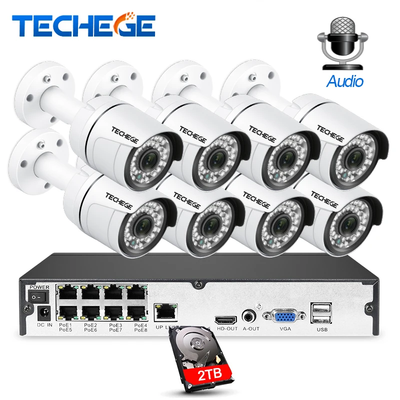 

Techege 8CH CCTV System 8PCS 3000TVL Audio Outdoor Weatherproof IP Camera 1080P Motion Detection Onvif Video Surveillance System