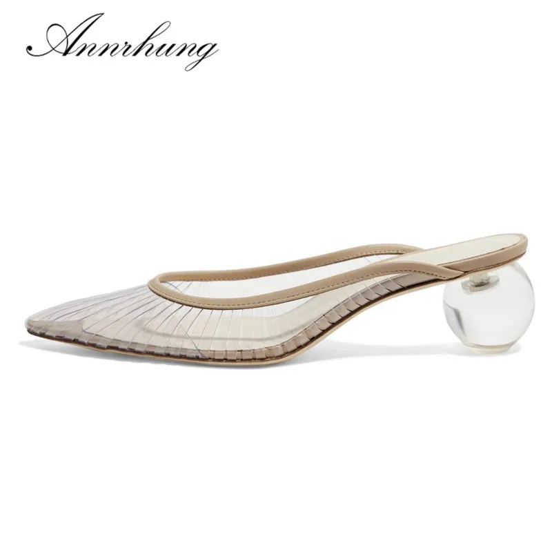 

Crystal Ball Heel Slippers Women Sexy Pointed Toe Clear PVC Transparent Shallow Mules 2019 Chic Summer Slides Woman