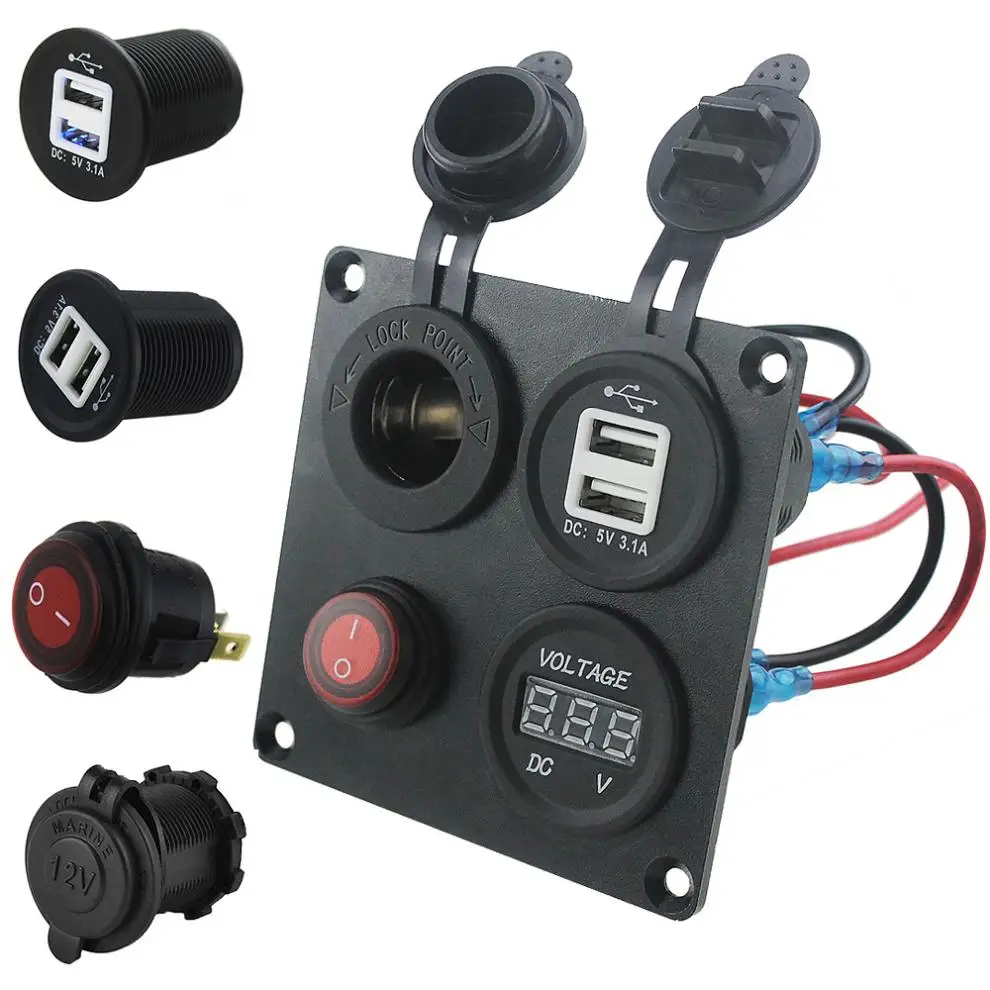 

5V 3.1A Aluminium Plate Independent Switch Dual USB Combination Panel with Voltmeter for Cars