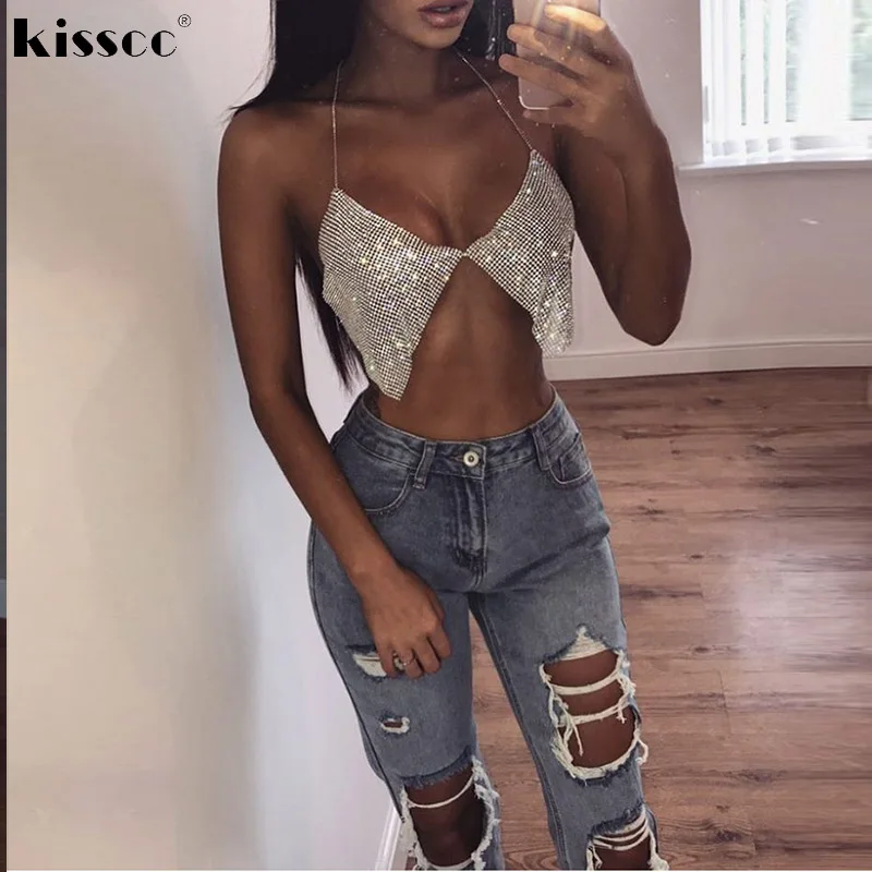

Sexy Rhinestone Halter Summer Party Crop Tops Metal Chain Hollow Out Club Tanks Backless Gold Silver Camisoles