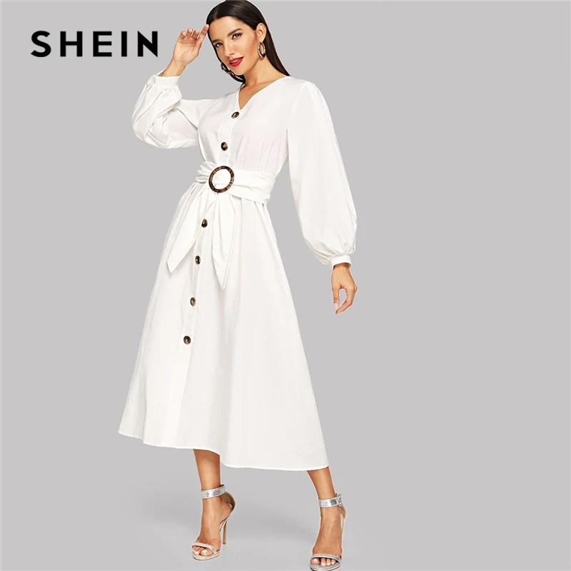 SHEIN Bishop Sleeve Button Up Self Belted Dress Elegant Fit And Flare V Neck Solid Dress Women Autumn Modern Lady Dresses