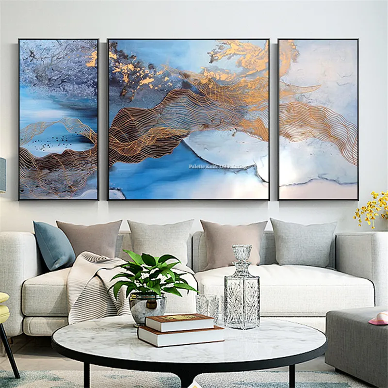 3 pieces abstract painting on Canvas blue acrylic painting Wall art Pictures for living room quadros caudros decor decoracion