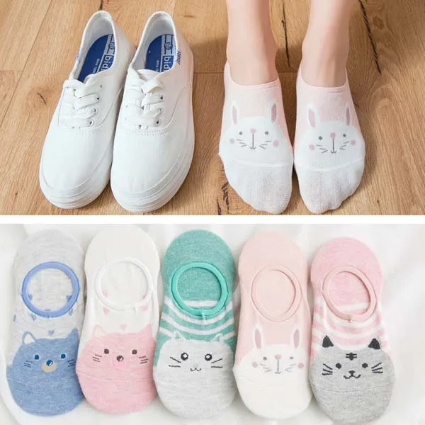 5Pairs/Lot Summer Cartoon Cat Fox rabbit Socks Cute Animal Women Socks Funny Ankle Socks Ladies Cotton invisible socks Dropship warm socks for women