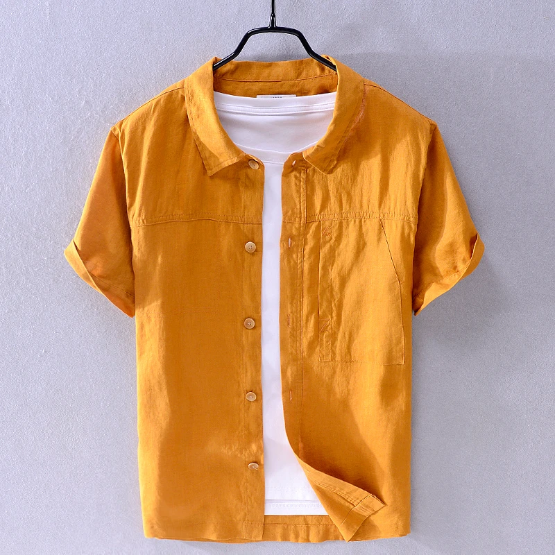 pic Summer Yellow Shirt Outfit Men 100 linen new design summer shirt men brand causal yellow shirt mens solid breathable shirts male fashion chemise camisa