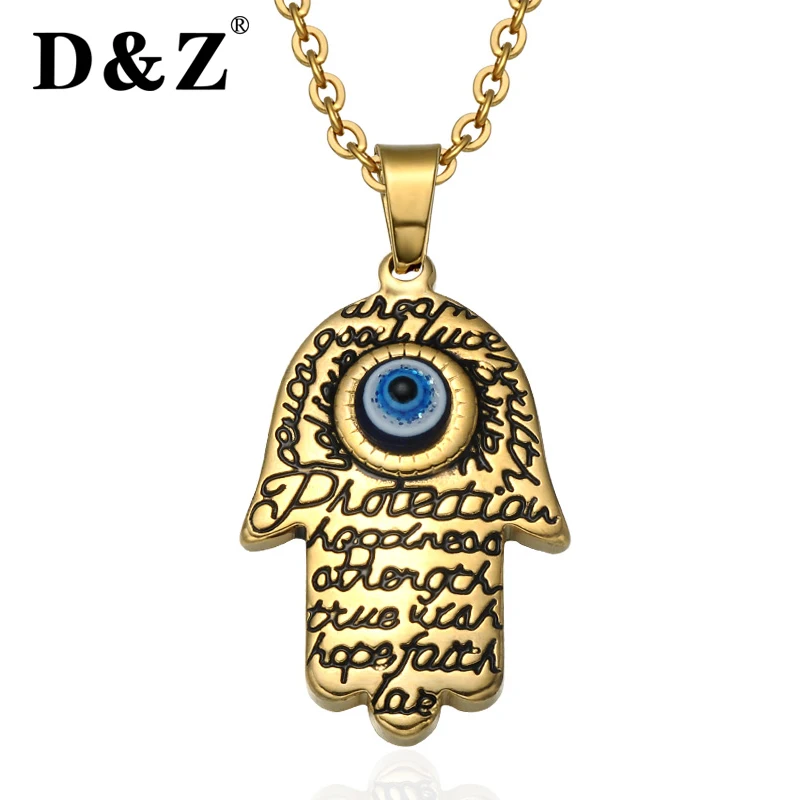 

D&Z Religion Gold Hamsa Fatima Hand Pendant Chain Stainless Steel Luck Mano De Fatima Evil Eye Hand Necklaces for Women Jewelry